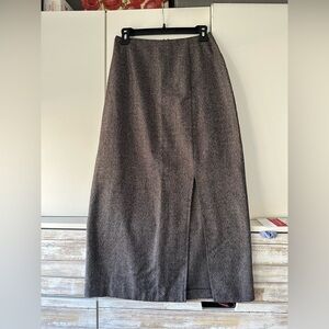 Kathy Lee Tweed Maxi Skirt Size 8 Brown Herringbone Vintage 90s Front Slit